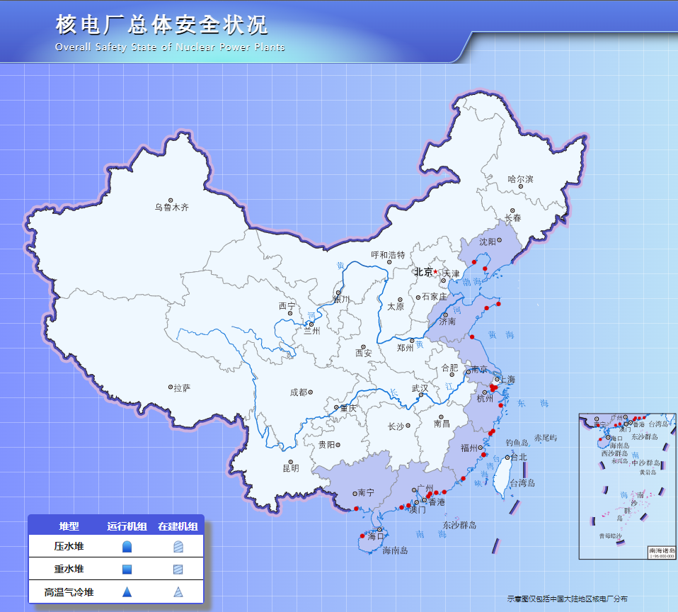 [도표] 2022년 중국 원자력발전소 가동현황을 나타낸 지도 (자료 출처: 중국 국가핵안전국 홈페이지, 2023.02.방문)